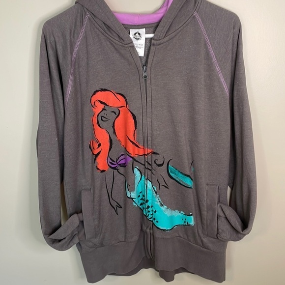 DISNEY STORE Ariel Graphic Gray M Full Zipper Hooded Sweatshirt with Pockets - Picture 1 of 7